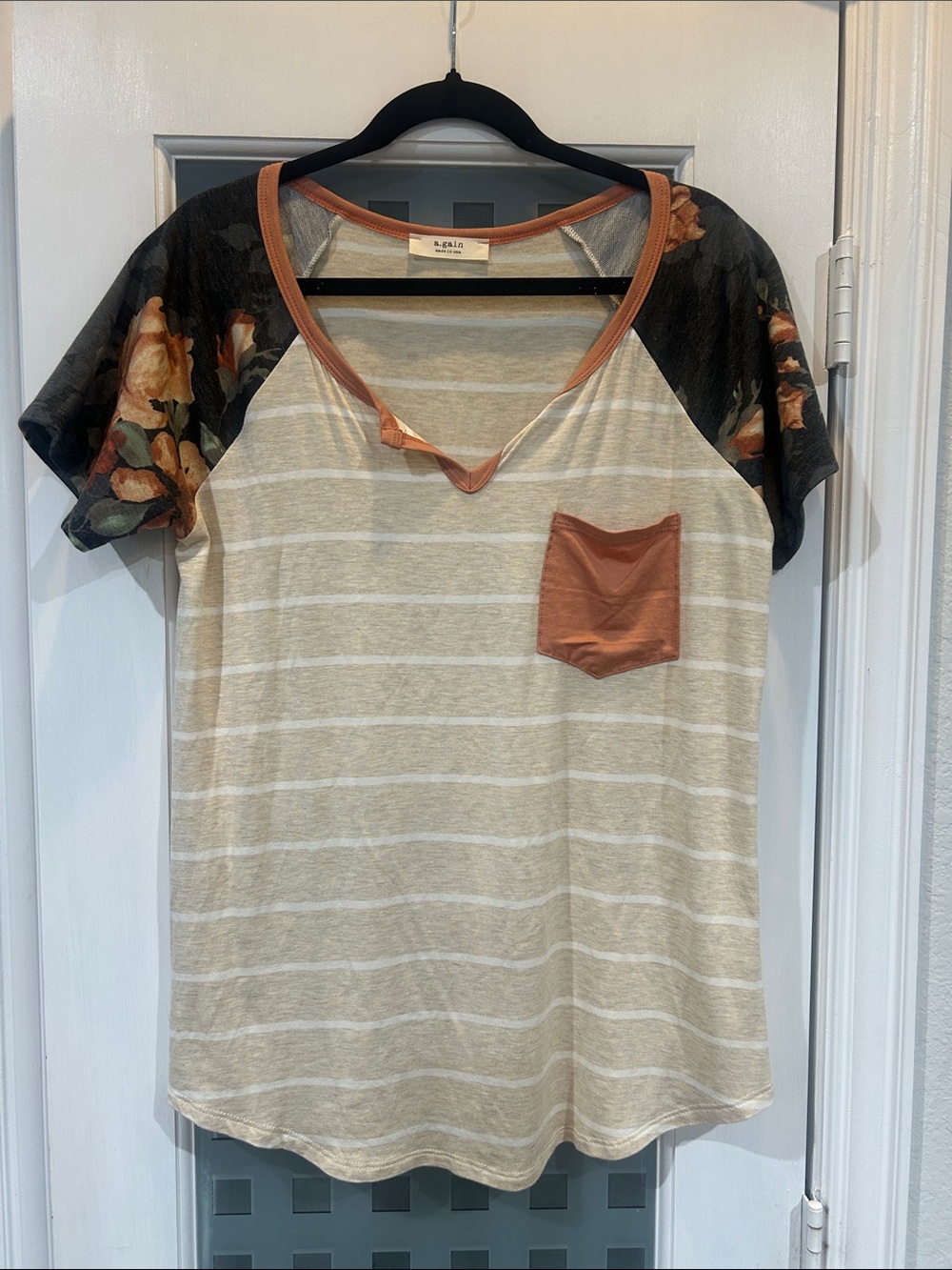 A.gain striped Cream Tee with Floral Raglan Sleeves and Rust Pocket